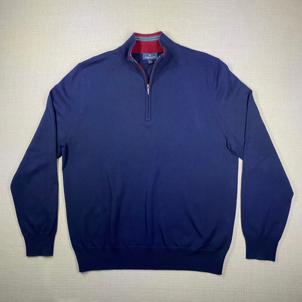 Brooks Brothers Mens Large Navy Blue Extra Fine Merino Wool Quarter Zip Sweater